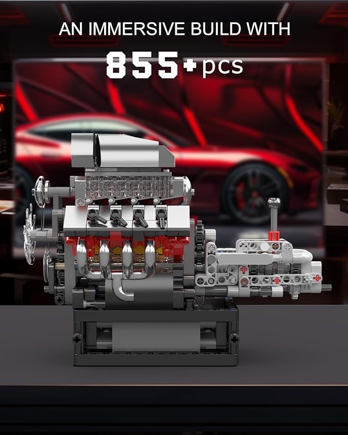 Mould King 10225 V8 Engine Model kit That Runs- Build Your Own STEM V8 Model Engine with Transmission 8-Cylinder Car Engine kit Building Engineering Toys for Adults Collections (855+PCS)