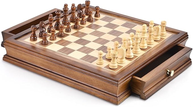 AMEROUS 12.8 x 12.8 Magnetic Wooden Chess Set with 2 Built-in Storage Drawers - 2 Bonus Extra Queens - Gift Packaging - Staunton Chess Pieces Board Games Chess Sets for Adults and Kids