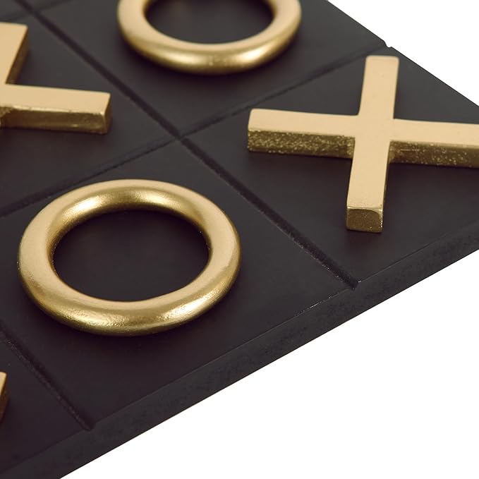 NIKKY HOME 12x12 Inch Tic Tac Toe Wood Game Board Classic Coffee Table Decor Modern Wooden Travel Game for Family Black &amp Gold