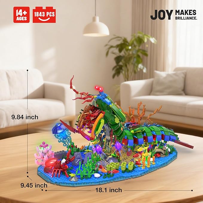 JMBricklayer Mechanical Mantis Shrimp Building Blocks Set with LED Lights Sea Creatures Ocean Animal Model Building Toys with Jellyfish Crabs Coral Reef Sea Creative Display Gift for Adults Kids 14+