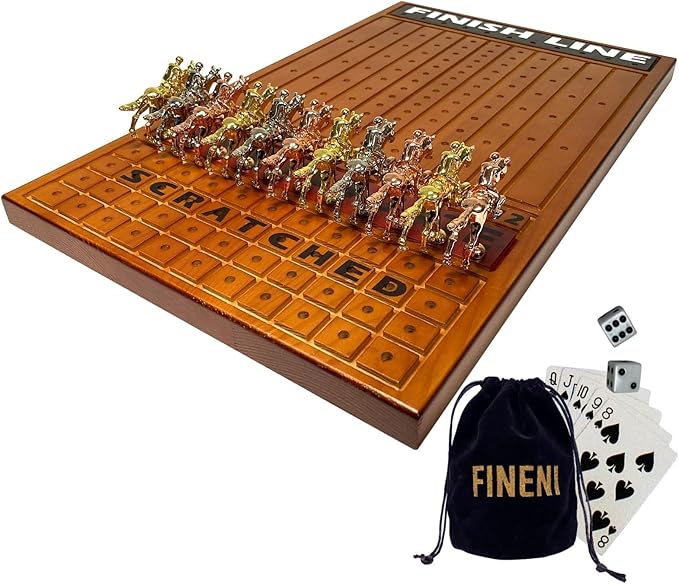 Horse Racing Game for Adults - 11 Luxurious Metal Horses (Silver Black Rose Gold) 16 Dark Pine Wood Race Board Dice &amp Card Included (Dark Color)