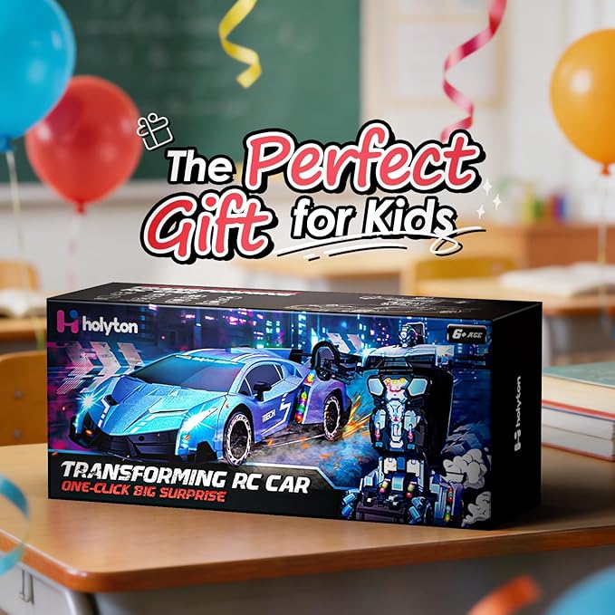 Holyton Big 1:10 Scale Transform RC Car &amp Robot – One-Button Transformation Gesture Sensing LED Lights Music &amp Fog Spray 2 Batteries 80 Mins Play Birthday Gift for Boys Girls Ages 3-12