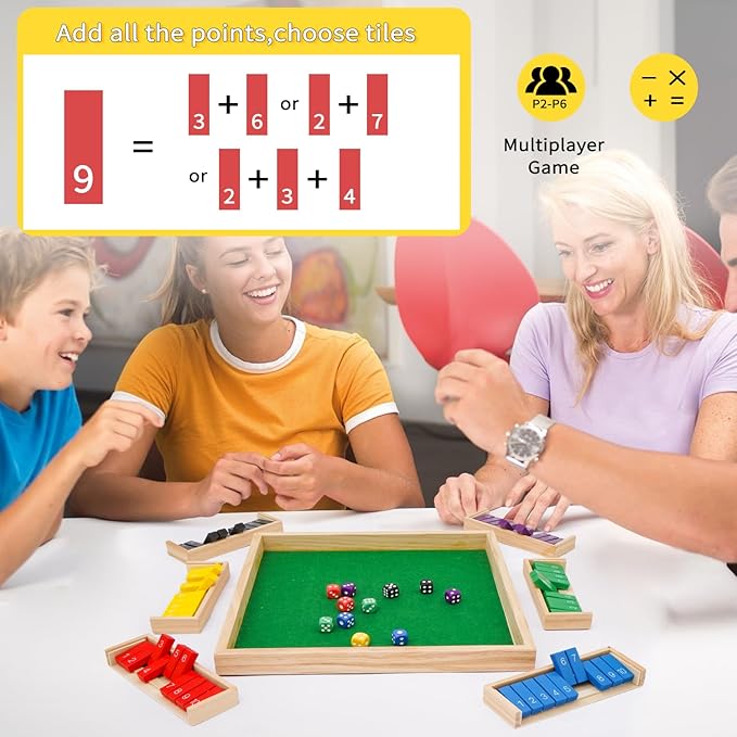 Upgraded 1-6 Players Shut The Box Dice Game with 12 Dice Wooden Classic Board Games Traditional Table Math Game Tabletop Math Dice Game for Pub Bar Home Classroom Party