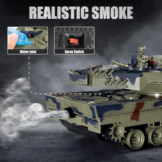 1/24 RC Tank Remote Control Ger Leopard II Army Model Tank with Sound Effects Lights and Smoke 2.4G Military Model Toy for Kids Perfect Birthday for Boys 6+ Years Old