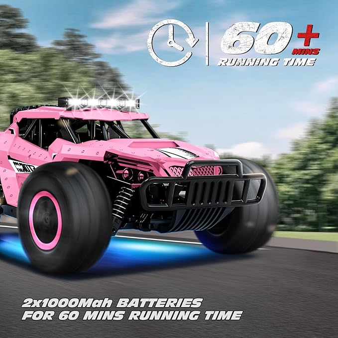 Tecnock Pink RC Car 1/16 Scale Remote Control Car for Girls High Speed 20 Km/h All Terrains Rc Monster Truck with Two Rechargeable Batteries &amp Head Chassis Lights Gift Toy for Kids Adults