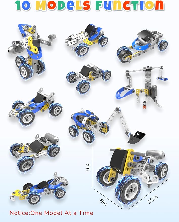 10 in 1 STEM Toys for 5 Year Old Boy Building Toys for Kids Ages 4-8 5-7 6-8 STEM Engineering Construction Kit with Electric Motor Educational Science Gift for 5 Year Old Boys