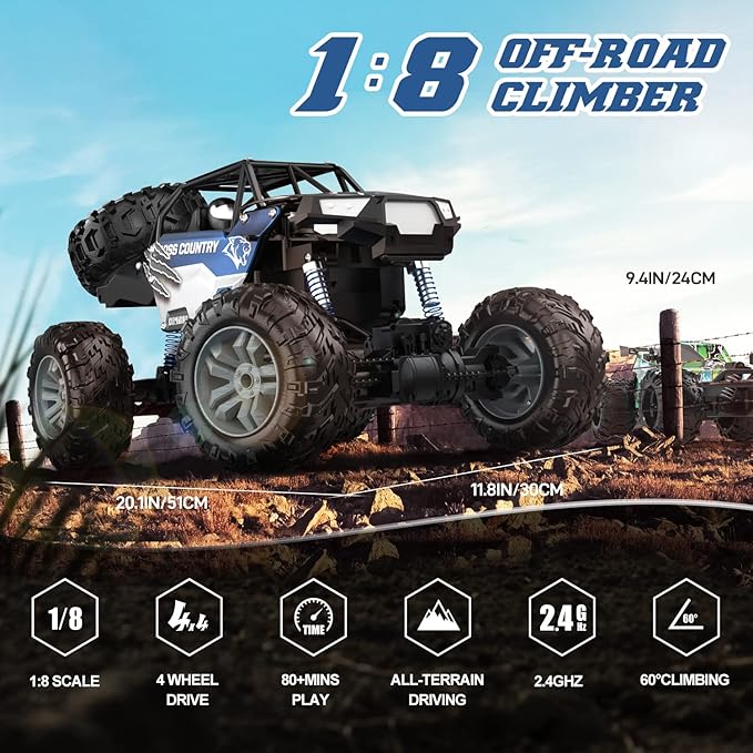 DEERC Large 1:8 Scale Monster Truck for Adults and Boys Upgraded Remote Control Car with Realistic Sound 4WD All Terrain RC Toy with 2 Batteries for 80 Minutes Play