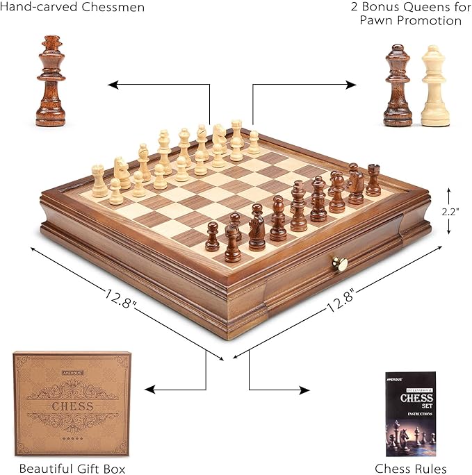 AMEROUS 12.8 x 12.8 Magnetic Wooden Chess Set with 2 Built-in Storage Drawers - 2 Bonus Extra Queens - Gift Packaging - Staunton Chess Pieces Board Games Chess Sets for Adults and Kids