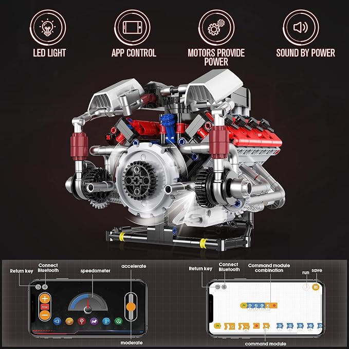 HIGH GODO Ideas V8 Engine Building Kit That Works Build Your Own MOC Mini V8 Engine Model Toy for Display STEM Toys Gifts for Teens Adults 14+ (700 PCS)