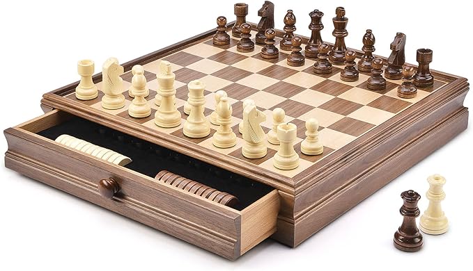AMEROUS 15 x 15 Wooden Chess &amp Checkers Set with Built-in Storage Drawers/Weighted Chess Pieces / 2 Bonus Extra Queens / 24 Cherkers Pieces/Classic 2in1 Board Games for Kids Adults