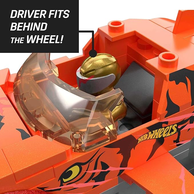 MEGA Hot Wheels Monster Trucks Toy Building Set Smash &amp Crash Tiger Shark Chomp Course with 245 Pieces 2 Micro Figure Drivers Orange Age 5+ Years