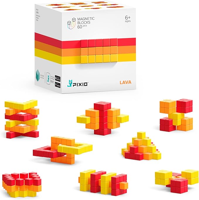 PIXIO Lava - Tiny Magnetic Blocks Building Toy in The Pixel Art Style with Free App - 5/16 Plastic Cubes with 6 Magnets Inside - Open Ended Toy - Creativity Toy for Ages 6+ - 60pcs
