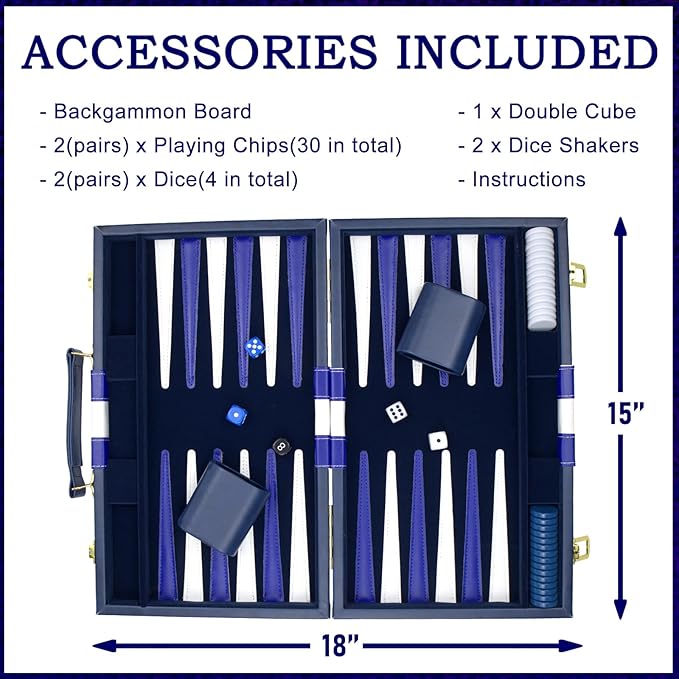 Large Backgammon Sets for Adults - Classic Board Games for 2 Players Adults and Kids - Premium Backgammon Set 15 inch Board and 30 Backgammon Pieces in Quality PU Leather Case - Gift for Man (Blue)
