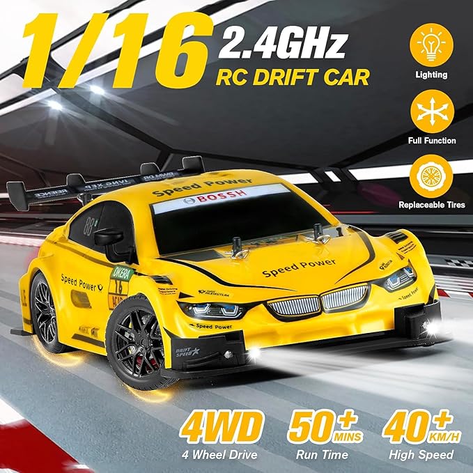 RC Drift Car 1:16 Scale Drifting Cars2.4GHz 4WD RC Race Car 40km/h High-Speed Remote Control Drift Cars Vehicle Racing Sport Toy Easter Basket Stuffers Gift for Boys Girls Kids(Yellow)