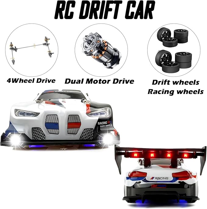 RC Drift Car 2.4GHz 1:24 Scale 4WD 25KM+/H High Speed Model Vehicle with LED Lights Drifting Tire Racing Sport Toy Car for Adults Boys Girls Kids Gift (White)