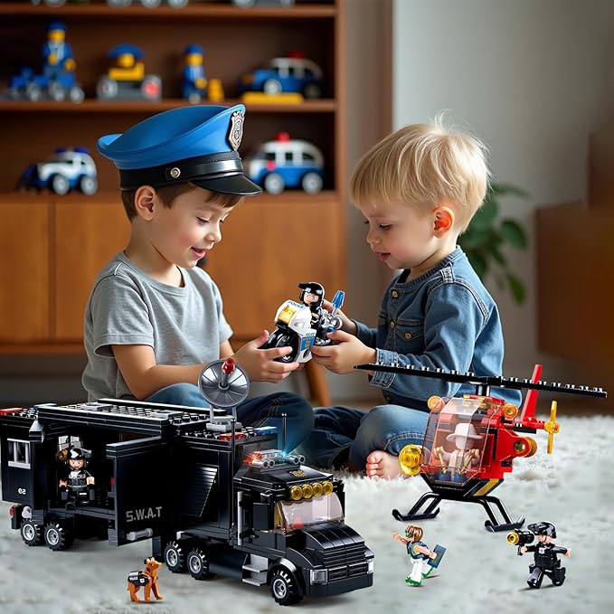 City Police Chase Building Set SWAT Mobile Command Police Truck Building Toy with Helicopter &amp Police Motorcycle Compatible with Lego City Police Station Gift for Boys Girls Aged 6+ 540 PCS