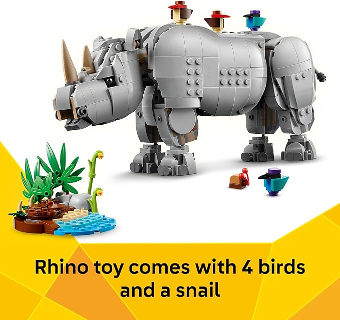 LEGO Creator 3 in 1 Wild Animals: Majestic Rhino - Building Toy for Boys &amp Girls Ages 9+ - Gift for Easter Baskets - Kids Bedroom and Desk Decor - Build Rhino Hippo or Walrus - 31171