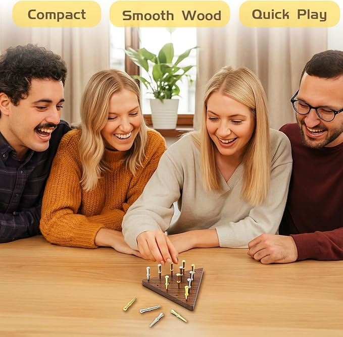Estune 2 Set 4.3 Inch Walnut Wooden Triangle Peg Game Portable Board with Storage Bag Classical Peg Triangular Game for Adults Family Friends Home Winter Holiday Christmas Party