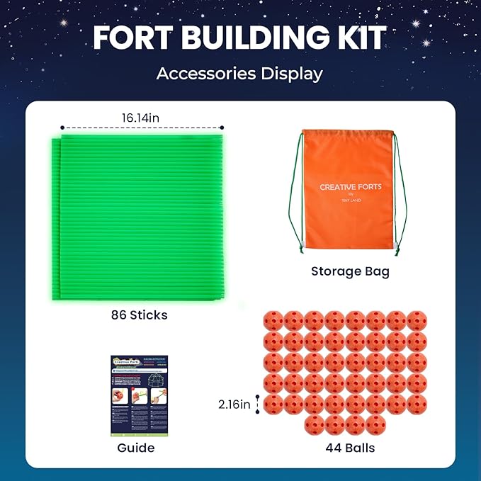 Tiny Land Glow Fort Building Kit for Kids Creative Fort Indoor &amp Outdoor Construction Toys with 86 Rods and 44 Balls for 5-12 Year Old Boys &amp Girls STEM Building Toy Gifts with Storage Bag