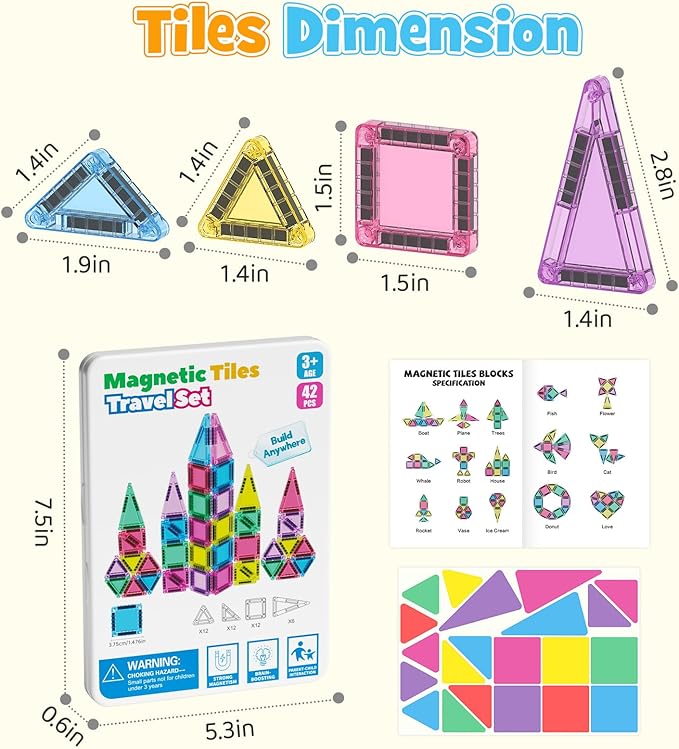 42PCS Mini Magnetic Tiles Travel Set with Iron Storage Box - Portable STEM Building Blocks for Kids 3-8 Montessori Educational Magnet Toys for Airplane Car Rides &amp On-The-Go Play