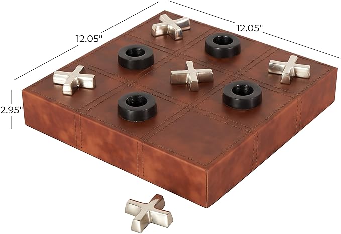 Deco 79 Faux Leather Tic Tac Toe Home Decor Game Set Decorative Board Game with Black and Silver Pieces Board Game 12 x 12 x 3 Brown