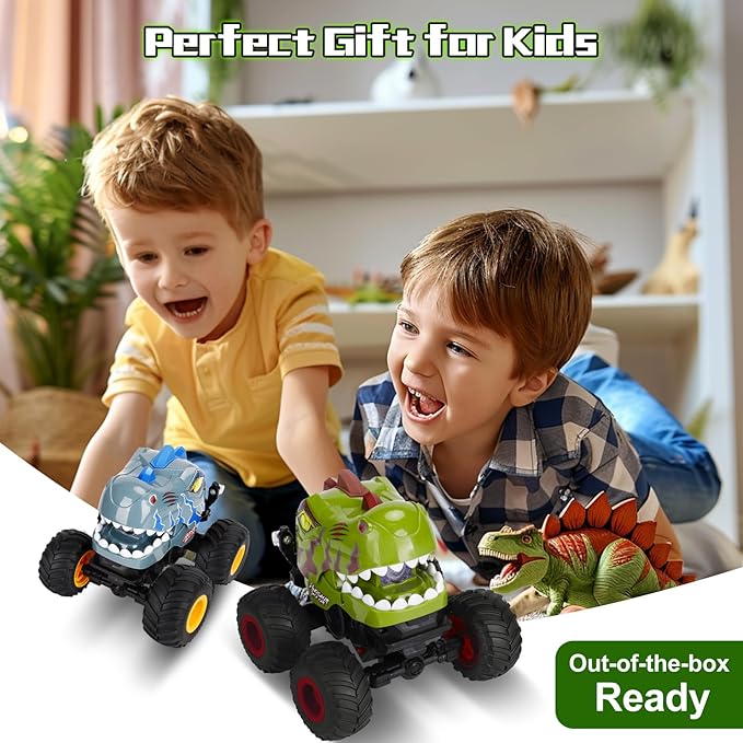 Remote Control Car for Boys 4-7 8-12 Dinosaur Monster Truck Toys with 50min+ Runtime Spray LED Light 360° Rotating &amp 90° Driving RC Stunt Car for Kids Birthday