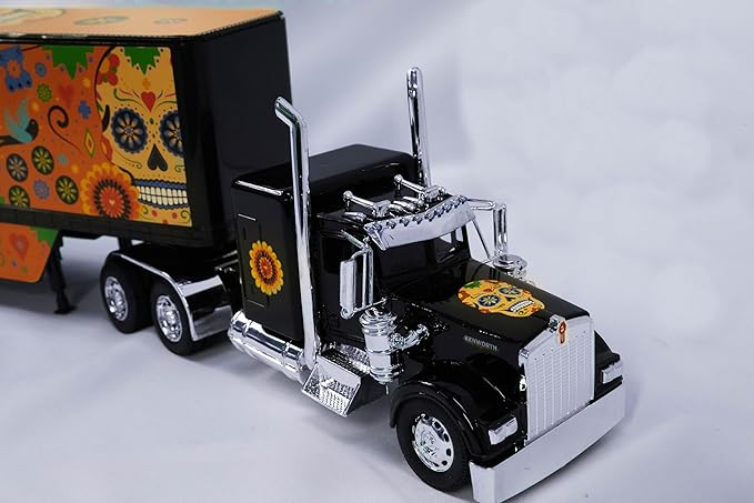 Shop72 1:32 Scale Toy Truck with Trailer Diecast Semi Long Hauler Truck Collectible Long Hauler with Dry Van Trailer Diecast 18 Wheelers Semi Replica Kenworth W900 Model - Dia DE Los Muertos