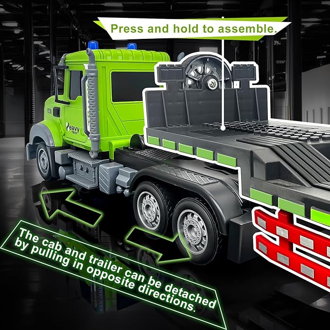 11 Channel RC Semi Truck &amp RC Excavator Toy Set 1:12 Remote Control Flatbed Truck with Trailer Engineering Vehicle with Sound &amp Lights Alloy Bucket Excavator Toys Great Gift for Boys Kids