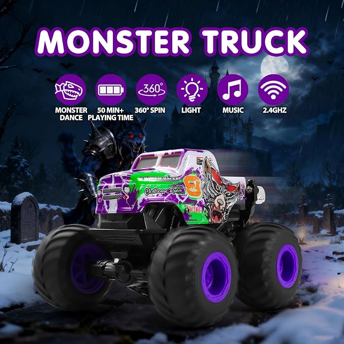 DYODYORC Remote Control Car 2.4Ghz All Terrain Monster Truck Toys RC Truck with Music 3 Lighting Effects 360 Stunt Capable 2 Batteries Ready to Run Toy Gifts for Boys and Girls (Purple)