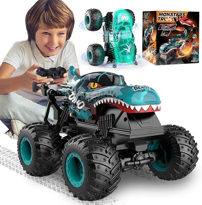 Gohero Monster Truck Toys 2.4Ghz Remote Control Monster Trucks for Boys Age 4-7 1:20 Dinosaur Toys with Light &amp MusicRC Truck with Stunt 360° Spin Walk Upright&amp Drift Dinosaur Toy for Ki