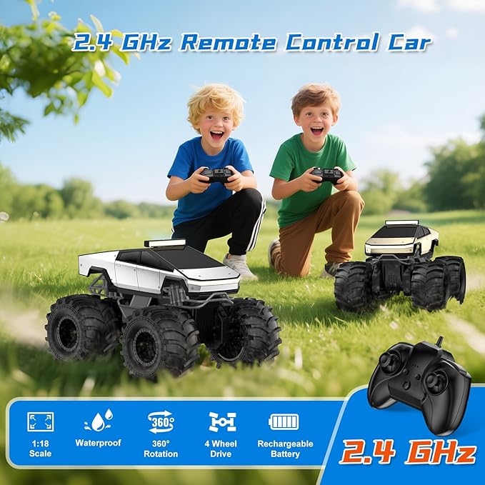 Amphibious Remote Control Car 1:18 Monster Truck Toys for Boys RC Cars 2.4 GHz Waterproof RC Trucks 4WD All Terrain Off-Road Pickup Kids Christmas Birthday Gifts Present Boys Girls Toys Ages 6+