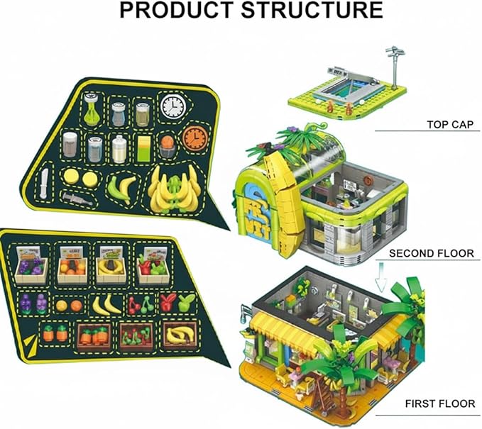 Banana Shop Building Blocks MOC Creative Fruit Store Architecture Toy Set with LED Light STEM Construction Toy Gift Idea for Adults &amp Teens(2165 PCS)