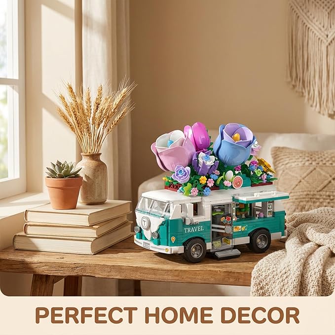 Flower Camper Van Building Set 862 Piece Botanical Travel Bus with Opening Side Cabin Outdoor Table Chairs Creative Gift for Teens Adults Home Decor STEM Educational Assembly Building