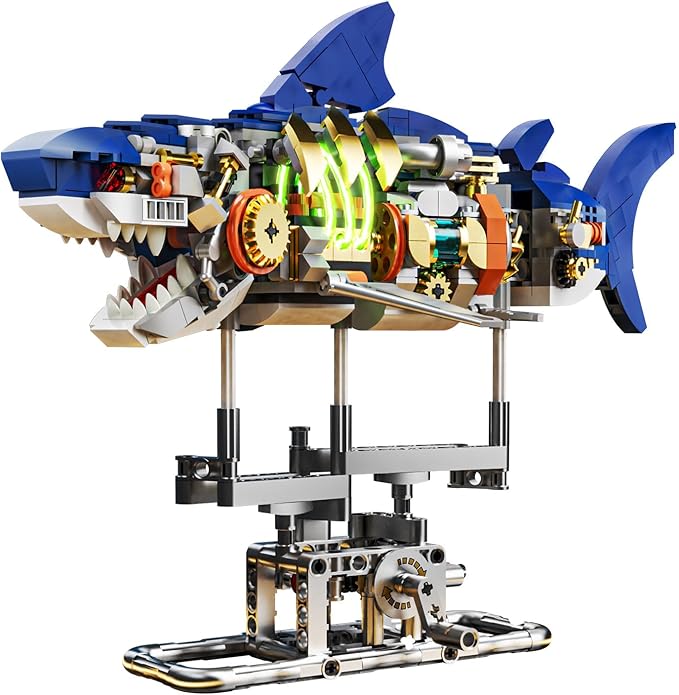 Mechanical Shark Building Set with LED Light 687 PCS Movable Ocean Animal with Display Stand Sea Fish Building Block Toy Home Decor Gift for Adults Teens Kids Boys Ages 12+