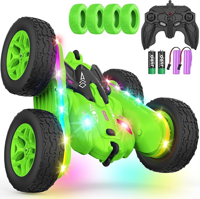 Remote Control Car Rc Cars Stunt RC Car Toys Upgraded Strip Lights and Headlights Kids Toys Double-Sided 360° Rotating 4WD Drift Truck for Boys Girls Birthday Gift (Green)