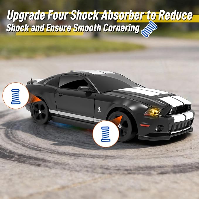 YONCHER RC Drift Car Remote Control Car for Kids Ford Mustang Shelby GT500 Officially Licensed 1:24 20KM/H 4WD with Lights Fast Racing Toy Car for Boys Girls Black