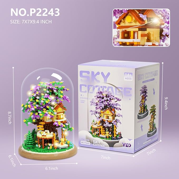 DIY Flower Building Toy Sets Miniature Cherry Blossom Tree House Building Kit Purple &amp Yellow Sakura Flowers Building Blocks Set for Adults &amp Girls - Bonsai Tree Model with Dust Cover