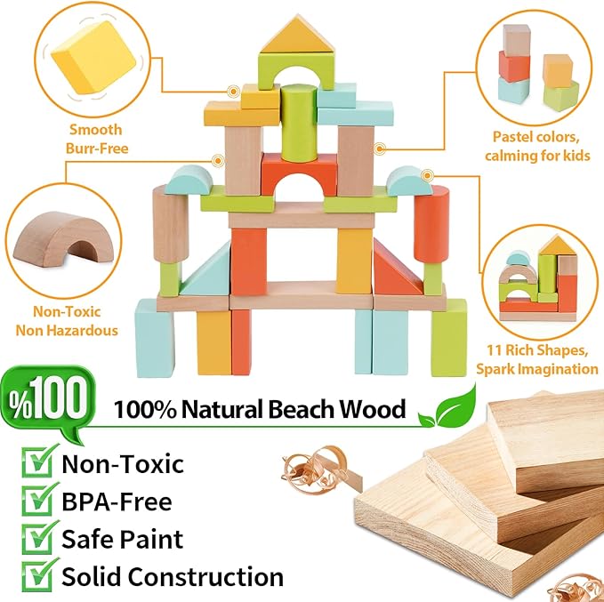 FCSONU Wooden Building Blocks for Toddlers 1-3 100 Pcs Wood Blocks Set - Sorting &amp Stacking Toys with Storage and Lid Kid Montessori Toys Ages 2+ Christmas 1st Birthday Gifts for Boys Girls Bab