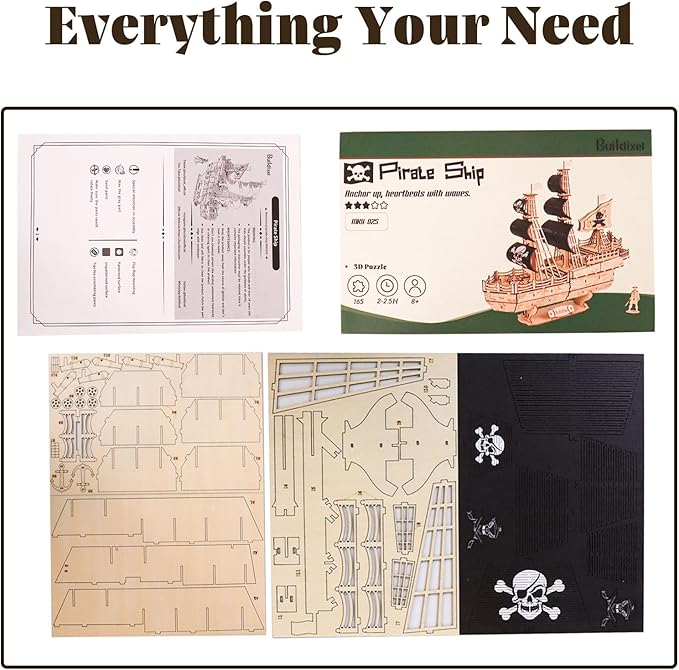 3D Wooden Puzzles for AdultsWooden Toy for Kids and AdultsModel Building KitEducational Brain TeaserBest Educational Christmas Birthday Day Gift for Friends (Wooden Pirate Ship)