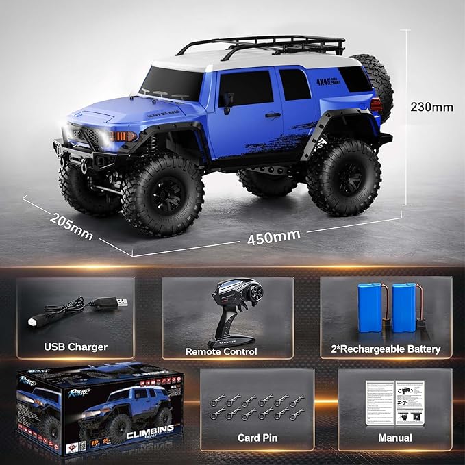 RC Cars RC Crawler 1/10 Scale RTR Remote Control Car 4WD 2.4GHz Brushed Offroad Racing Hobby Grade Model Vehicle with LED Lights 2Pcs Battery Toy for Kids and Adults