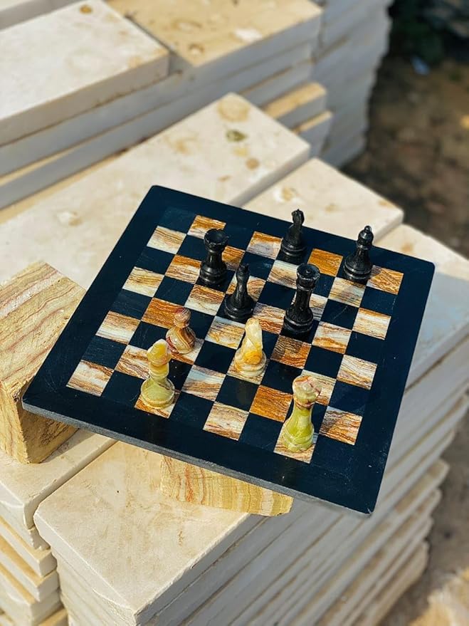 Large Handmade Full Chess Set Marble Chess Board 32 Chess Game Pieces Unique Home décor. Handcrafted Tournament Chess Board - 2 Players. (Black MultiGreen)