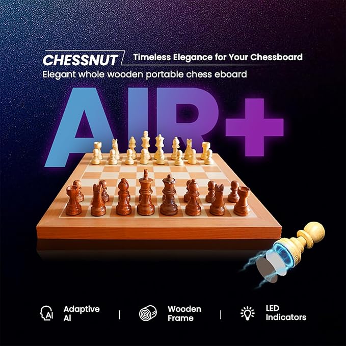 Chessnut Air+ Electronic Chess Set with Full Wooden Board Extra Queens LEDs AI Adaptive Game and App with Computer Chess Board for Ages 8 and Up 2 Players