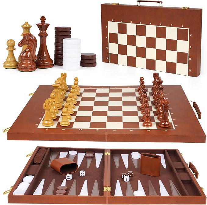 Large 3-in-1 Chess Set &amp Checkers Backgammon Set – 19 Folding Leather Chess Board with Handle Acrylic Chess Pieces &amp Checkers 4 King with 2 Extra Queens Luxury Travel Board Game Set