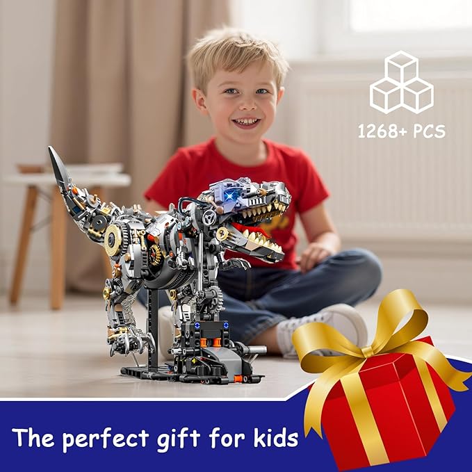 Mechanical T-Rex Dinosaur Building Blocks Set–Collectible Dino Model with Movable Gears LED Lights &amp Motor Complete with Display Stand Ideal Hobby Gift &amp Home Decor for Adults &amp Teens