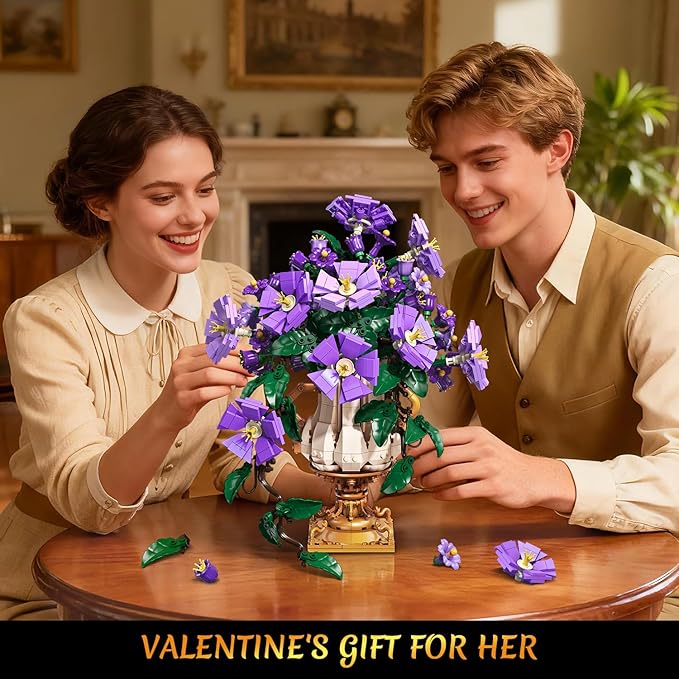Flowers Botanicals Building Set with Vase - 2 in 1 Morning Glory Bonsai Building Blocks Plants Arrangement Vintage Wall Flower Pots Home Decor Gift for Easter Day Adults 12+ (1136PCS)