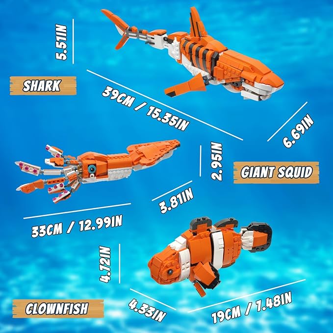 3 in 1 Ocean Creatures Building Set Compatible with Lego 630 Accessory Shark Giant Squid Clownfish Build 3 Animal in 1 Set Gift for Birthday 566Pcs