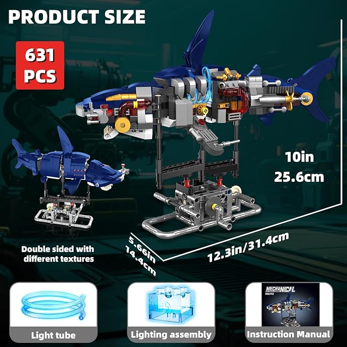 Mechanical Shark Building Set with Lights Rotatable Link Components &amp Display Stand STEM Building Set for Boys 8-14 Home Office Decor for Adults Mechanical Enthusiasts（631PCS）