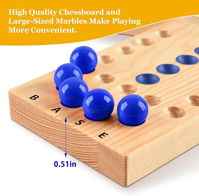 Deeper Holes &amp Larger Marbles Original Wooden Marble Board Game Portable for 2-6 Players Wahoo Game with 36 Marbles &amp 12 Dice for Family Friends Party Travel and Camping