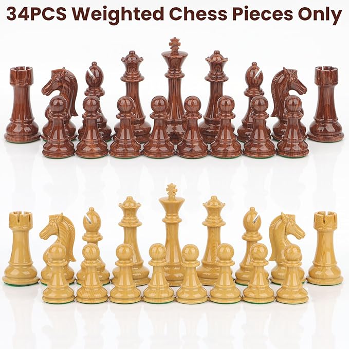 High Polymer Weighted Chess Pieces Only - 3.75'' King - Extra 2 Queens Standard Tournament Chessmen for Chess Board Game or Replacement of Missing Pieces (No Board) Storage Bag Included