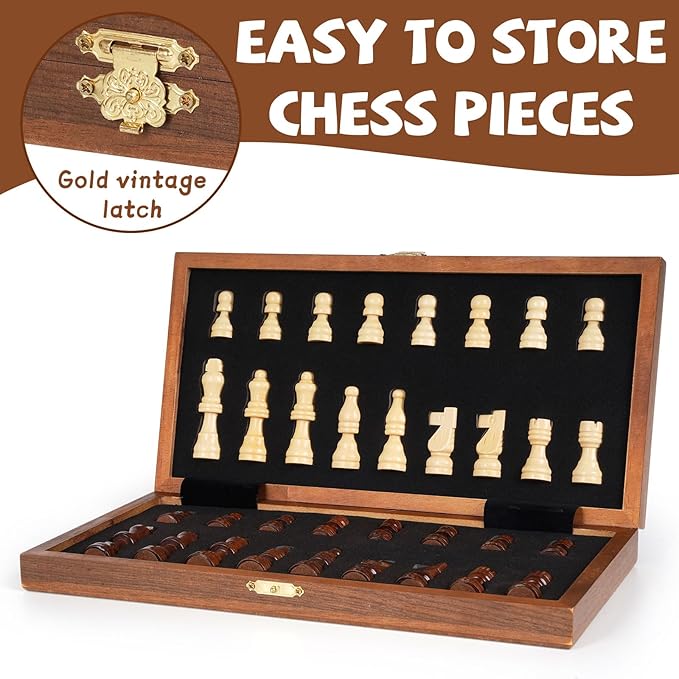 Magnetic Travel Chess Set 12-inch Wooden Magnetic Chess Board 2 Extra Queen Folding Chessboard for Storage Toys &amp Games for Adults Vintage Chess Game – Family Board Games Educational Toy Sets